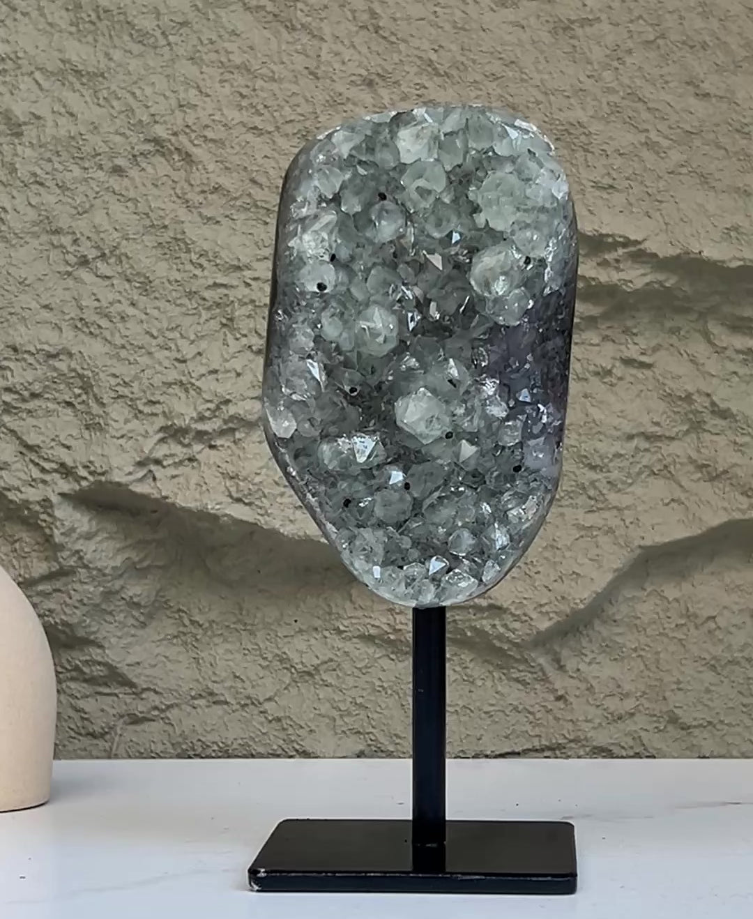 gray quartz crystal on display