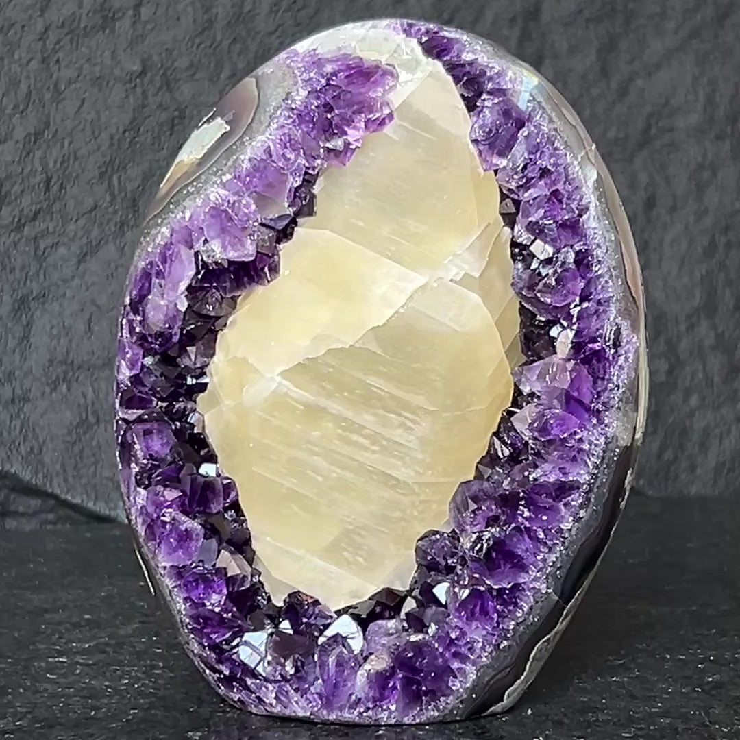 Rare Find Crystal Formations, Amethyst Geode with calcite and agate, piece for collectors