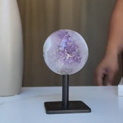Sphere Amethyst Crystal on Stand, Crystal Ball in metallic base, Unique home decoration piece, one of a kind specimen