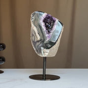 Agate Slice on Stand with amethyst crystals inside, Rare Unique Agate Crystal on Metal Stand