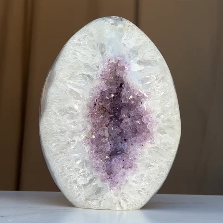 Superb Amethyst Crystal Geode with Agate formations, 6 in tall Extra Large Amethyst Cave, Oval Shaped Stone Polished at edges