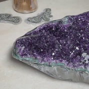 The largest Amethyst Geode Centerpiece, Extra Large decor piece, Outstanding Purple crystal with green agate details