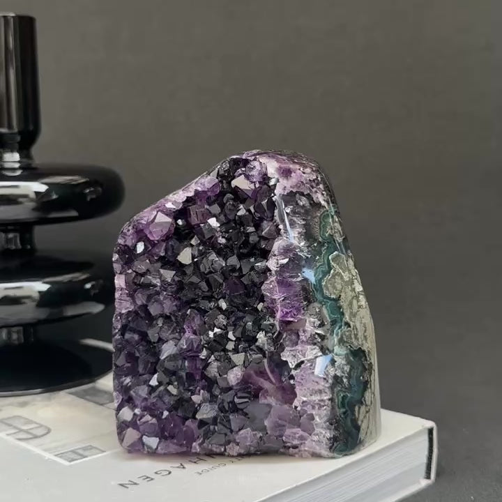 Deep Purple Amethyst cathedral geode, Unique raw crystal cluster, self stand