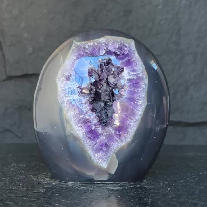Crystal Geode, home decor with crystals, quartz and amethyst find, Amethyst with agate egg shaped