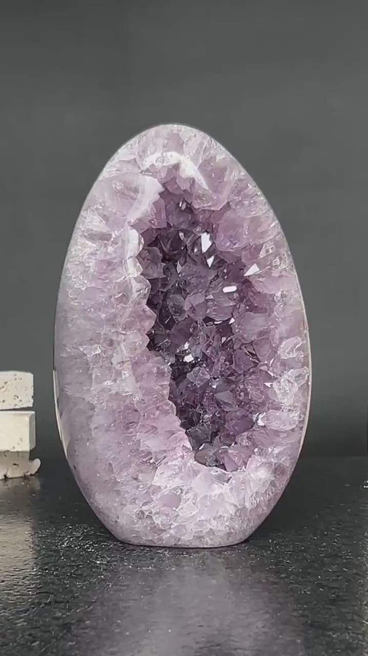 Amazing Agate and Amethyst Quartz Crystal Egg Cave, 8 in tall Extra Large Crystal Cave, Oval Shaped Stone Polished at edges