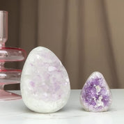 Clear Quartz Crystal Egg, Amethyst and quartz pieces, Natural cave shaped polished  stones, white quartz geode