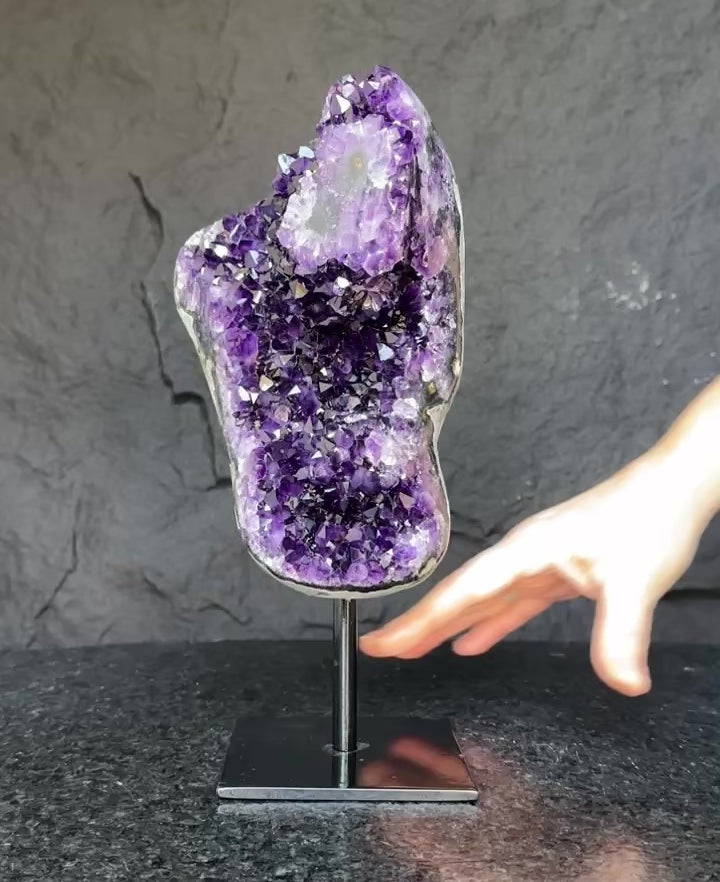 Deep Purple Natural Amethyst Geode with Metal Display Stand