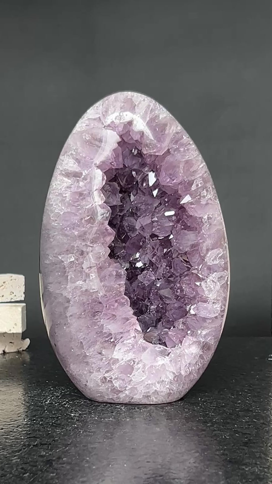 Amazing Agate and Amethyst Quartz Crystal Egg Cave, 8 in tall Extra Large Crystal Cave, Oval Shaped Stone Polished at edges