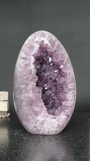 Amazing Agate and Amethyst Quartz Crystal Egg Cave, 8 in tall Extra Large Crystal Cave, Oval Shaped Stone Polished at edges