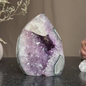 Extra Large Flame Crystal Carving, 6 in tall Amethyst Flame with Calcite and Agate formations, Natural Geode Flame, Freestanding Amethyst