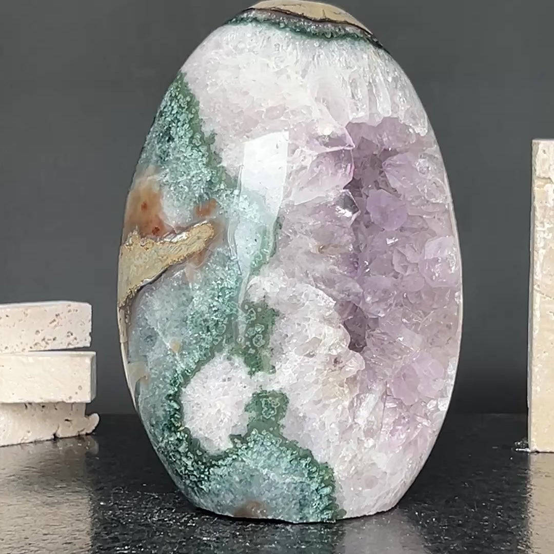 Amazing Agate and Amethyst Quartz Crystal Egg Cave, 8 in tall Extra Large Crystal Cave, Oval Shaped Stone Polished at edges