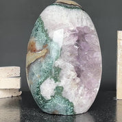 Amazing Agate and Amethyst Quartz Crystal Egg Cave, 8 in tall Extra Large Crystal Cave, Oval Shaped Stone Polished at edges