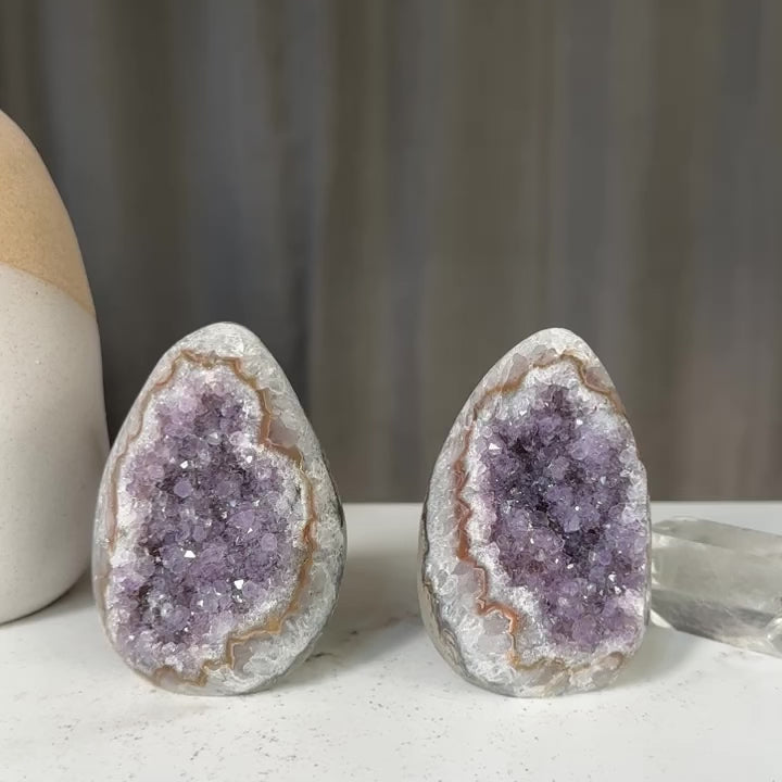 Agate and Druzy Geode Crystals, Egg shaped set, Natural cave polished pieces with agate formations, crystal stones for collectors