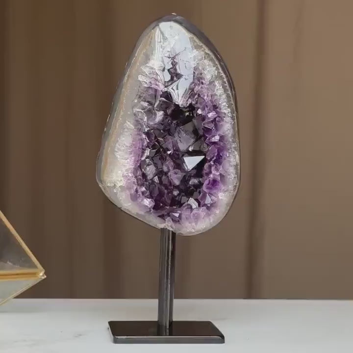 Natural Amethyst Crystal Geode, Purple Amethyst Crystal on Stand, Metallic Stand Included