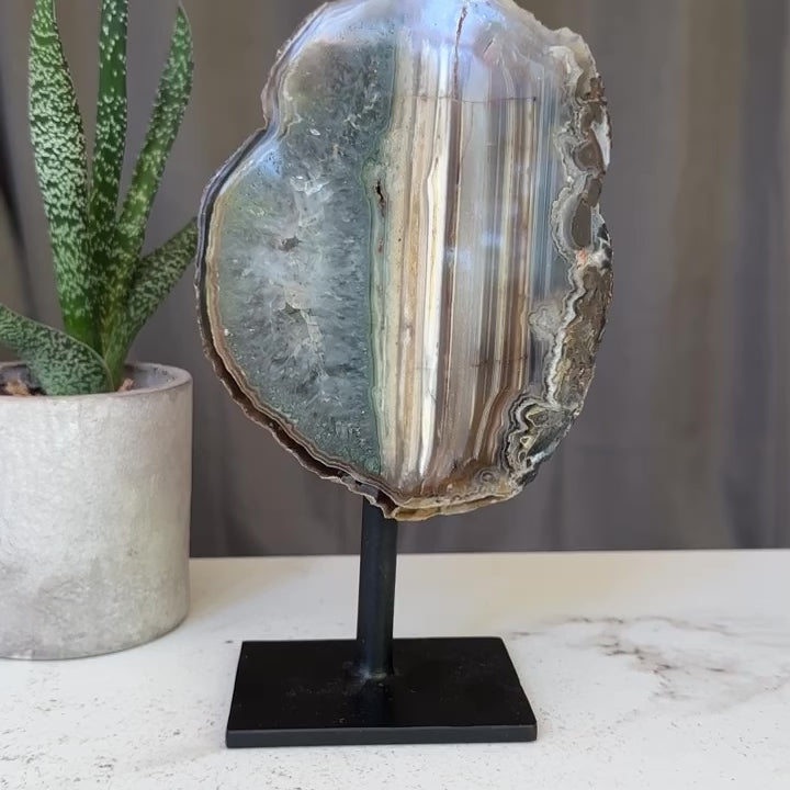 Rare Unique Jasper and Agate Crystal on Metal Stand, Elevate your home decor