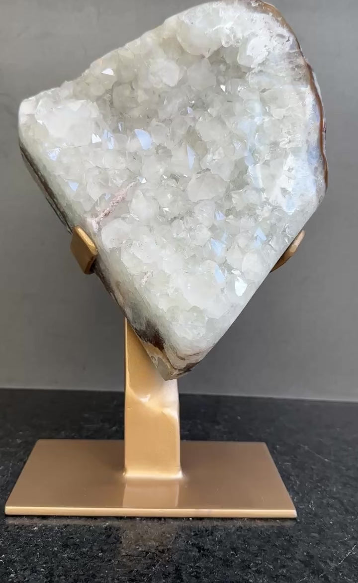 White quartz on stand, Geode with metallic base included for home decoration