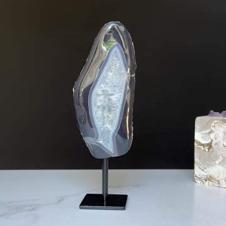 Natural Black Agate Display with Metal Base