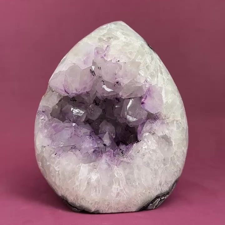 Amethyst Geode Crystal Egg with incredible Agate formations, Natural cave shaped polished agate stone