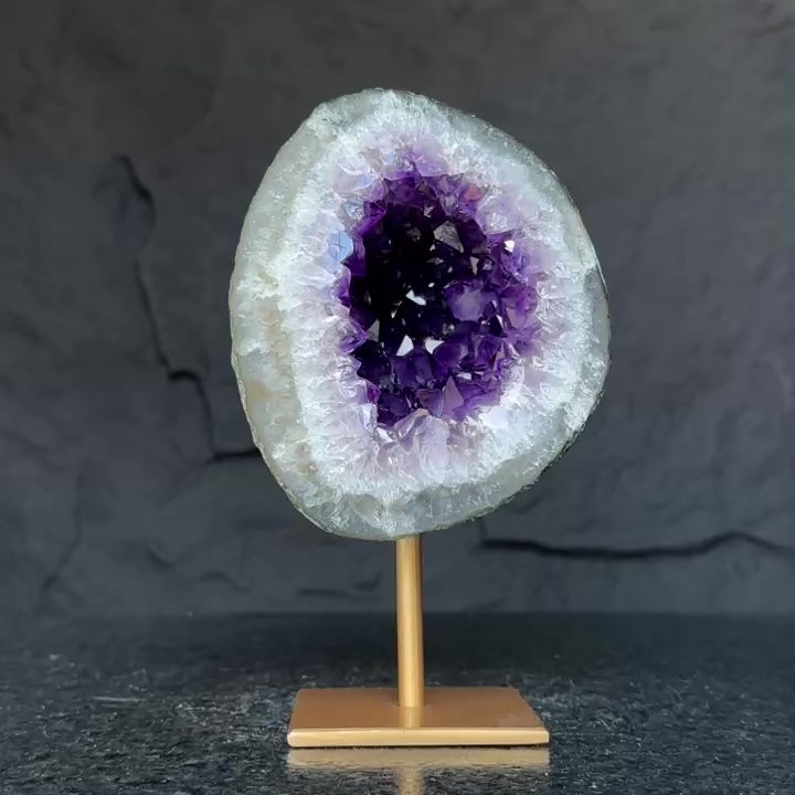 Natural Amethyst Geode, Deep Purple Crystal on Gold Metal Stand