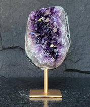 Large Amethyst Geode Crystal, Deep Purple Amethyst on modern gold stand