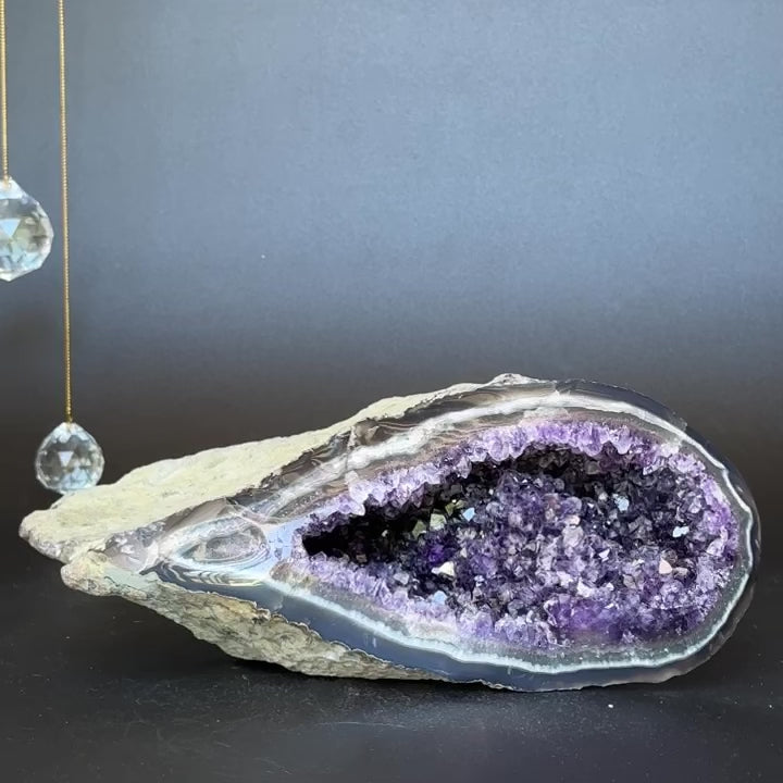 Flat Natural amethyst centerpiece, Unique geode for tabletop decor, rare find with agate formations