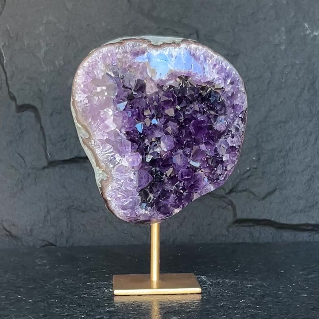 Large Amethyst Geode Crystal, Deep Purple Amethyst on modern gold stand