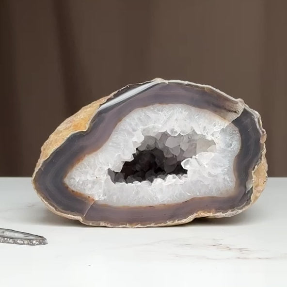 Clear Quartz and druzy Geode Cave, Self standing crystal bowl, Home Decor Crystal Geode