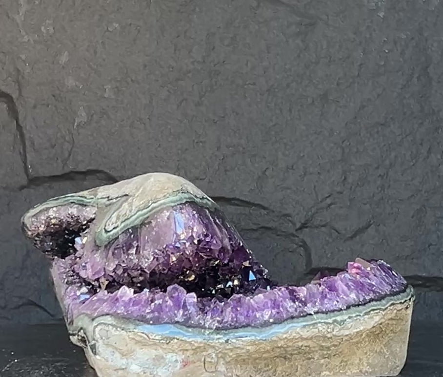 Amethyst with Shiny Crystals, Rare Geode in a strange shape with colorful agate layers, Unique find for collectors