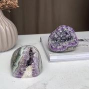 Amethyst Geode Bowl SET, Natural Deep Purple Amethyst Crystal Round Shaped Cluster, Home Decor Crystal Geode Cave