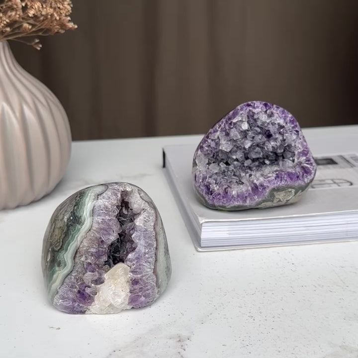 Amethyst Geode Bowl SET, Natural Deep Purple Amethyst Crystal Round Shaped Cluster, Home Decor Crystal Geode Cave