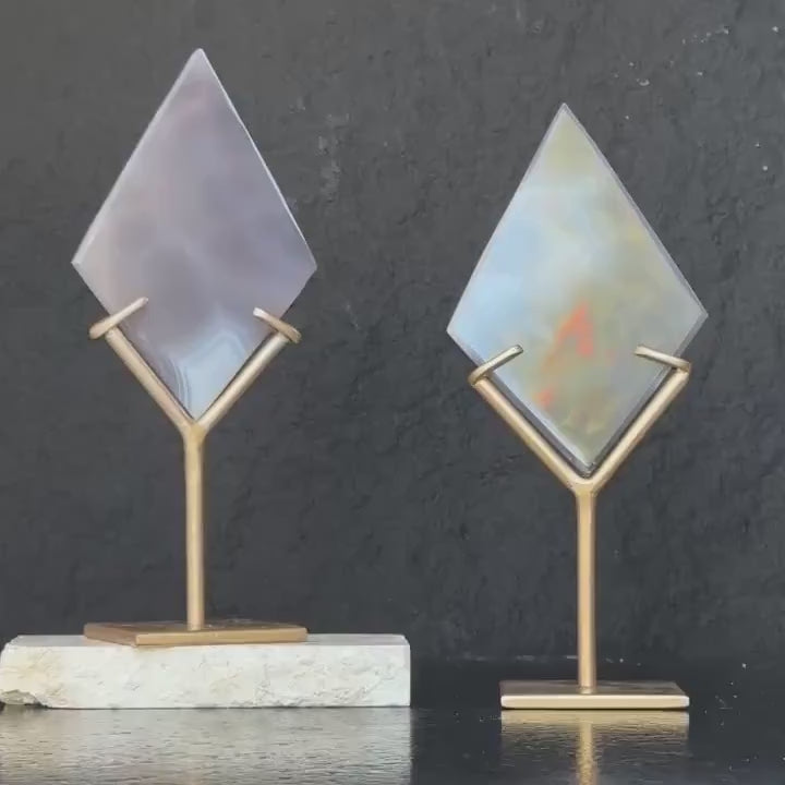 Agate Ornament Slice on Stand , 2 Pieces SET, 8 in Tall Crystal with metallic base, Unique home decoration, rare finds mineral formations