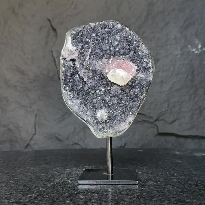 Amethyst with rare formations on a metal pedestal , high quality amethyst crystal from Uruguay