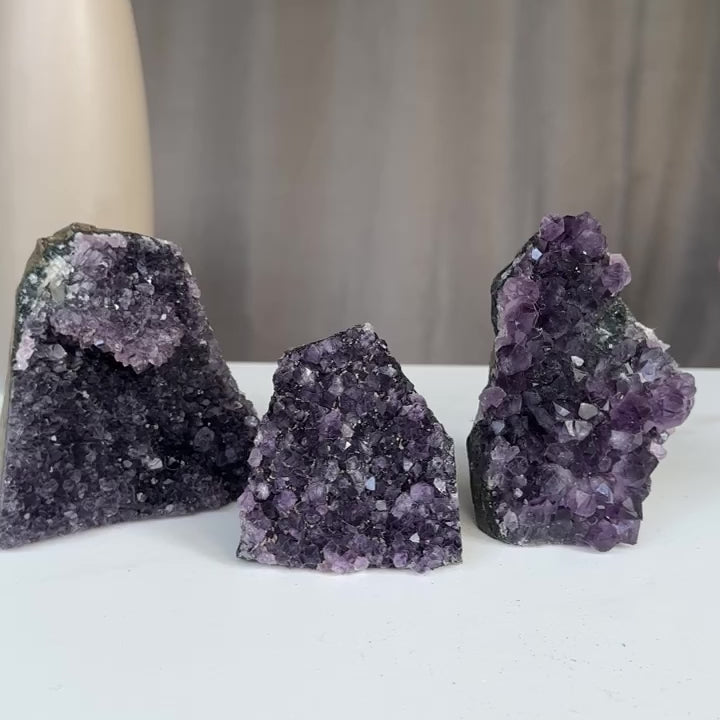 Amethyst geodes set on sale, Druzes Crystals with Cut Base, 3 pieces 3 Lbs