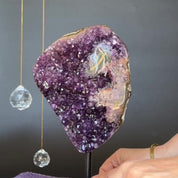 Amethyst Slice on Stand with agate edges, Rare Unique Agate Crystal on Metal Stand