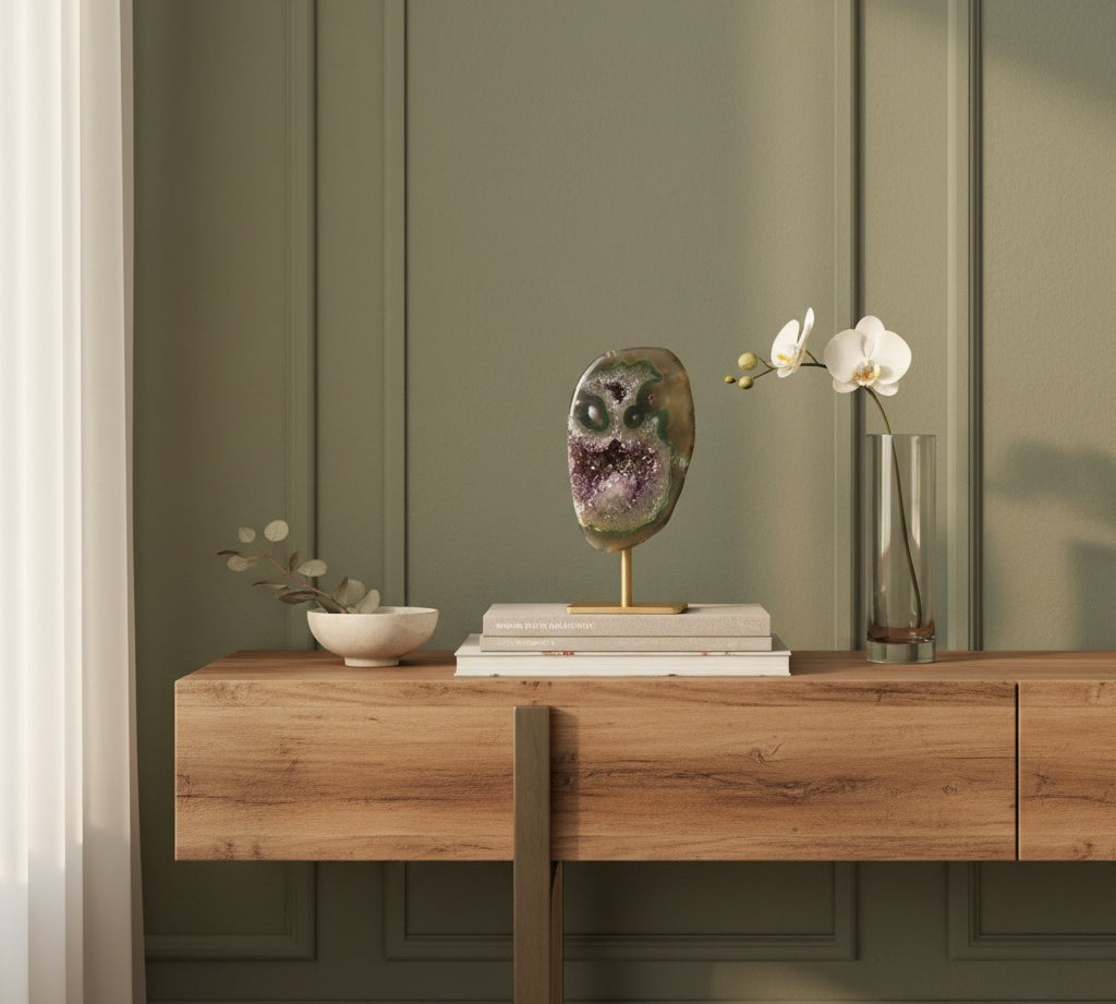 A styled interior scene showing a wooden console table against a muted sage green paneled wall, with decorative objects including a geode sculpture, books, a small bowl, and a glass vase with white flowers.