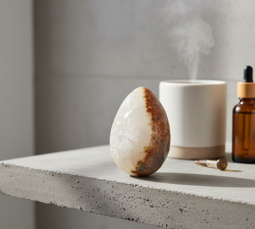 Aromatherapy diffuser, stone, and essential oil bottle on a concrete surface with a light background.