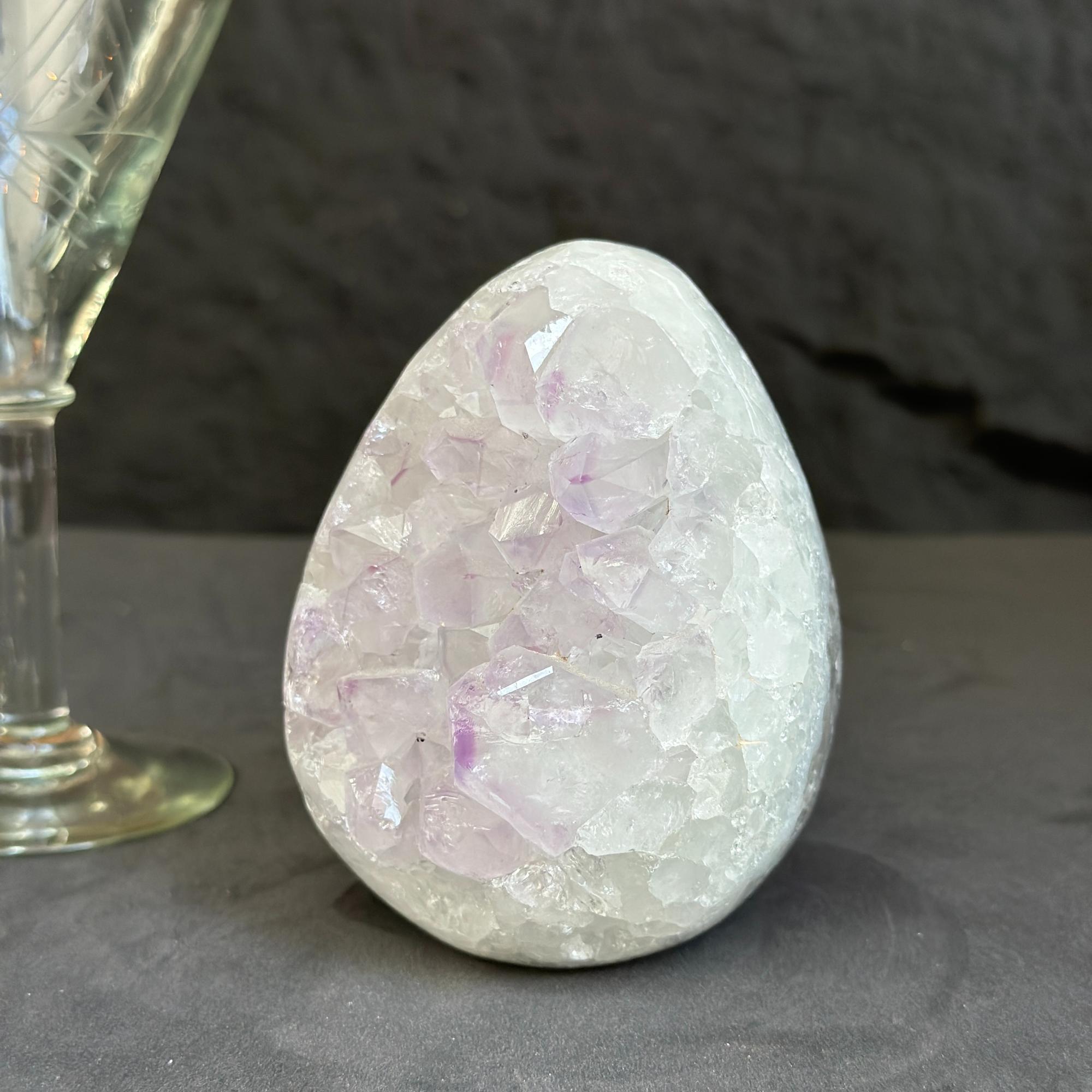 Clear Quartz Crystal Egg, Amethyst and quartz piece, Natural cave shaped polished  stones, white quartz geode