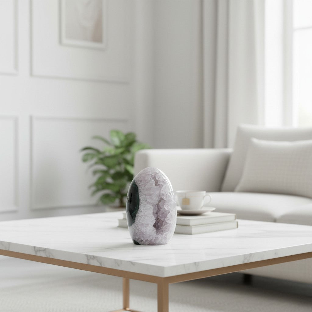 A polished oval stone vase with a black, white, and gray agate-like pattern sits on a white marble coffee table in a bright, modern living room with a white sofa and a potted plant in the background.