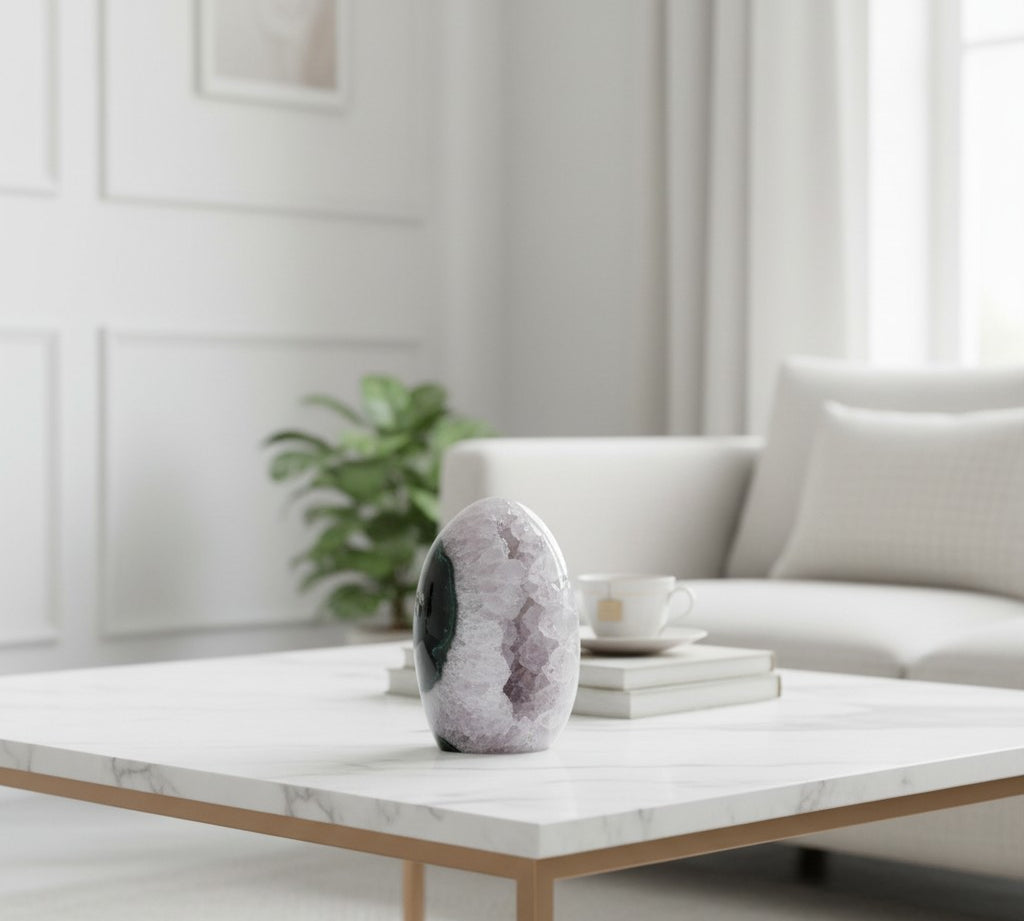 A polished oval stone vase with a black, white, and gray agate-like pattern sits on a white marble coffee table in a bright, modern living room with a white sofa and a potted plant in the background.