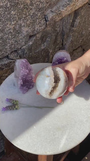 White agate sphere and 2 large amethysts (3 pieces SET) perfect for Entry way table decor, crystals decor
