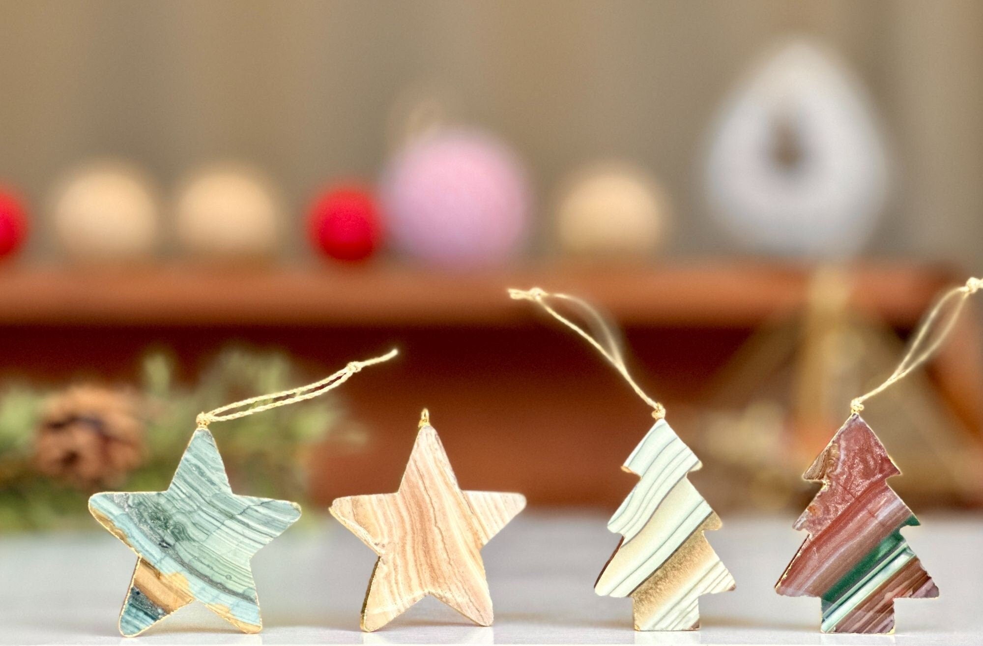 Agate & Jasper Crystal Christmas Tree Ornament (Set of 4 pieces), Handmade Christmas Star and Pine Tree Decor, Genuine Colorful Agate Stones
