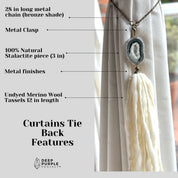 Curtains Tie Back with Amethyst Crystal and Merino Wool Tassels, Stalactite Stone Home Decor, window curtains holder with metal chains
