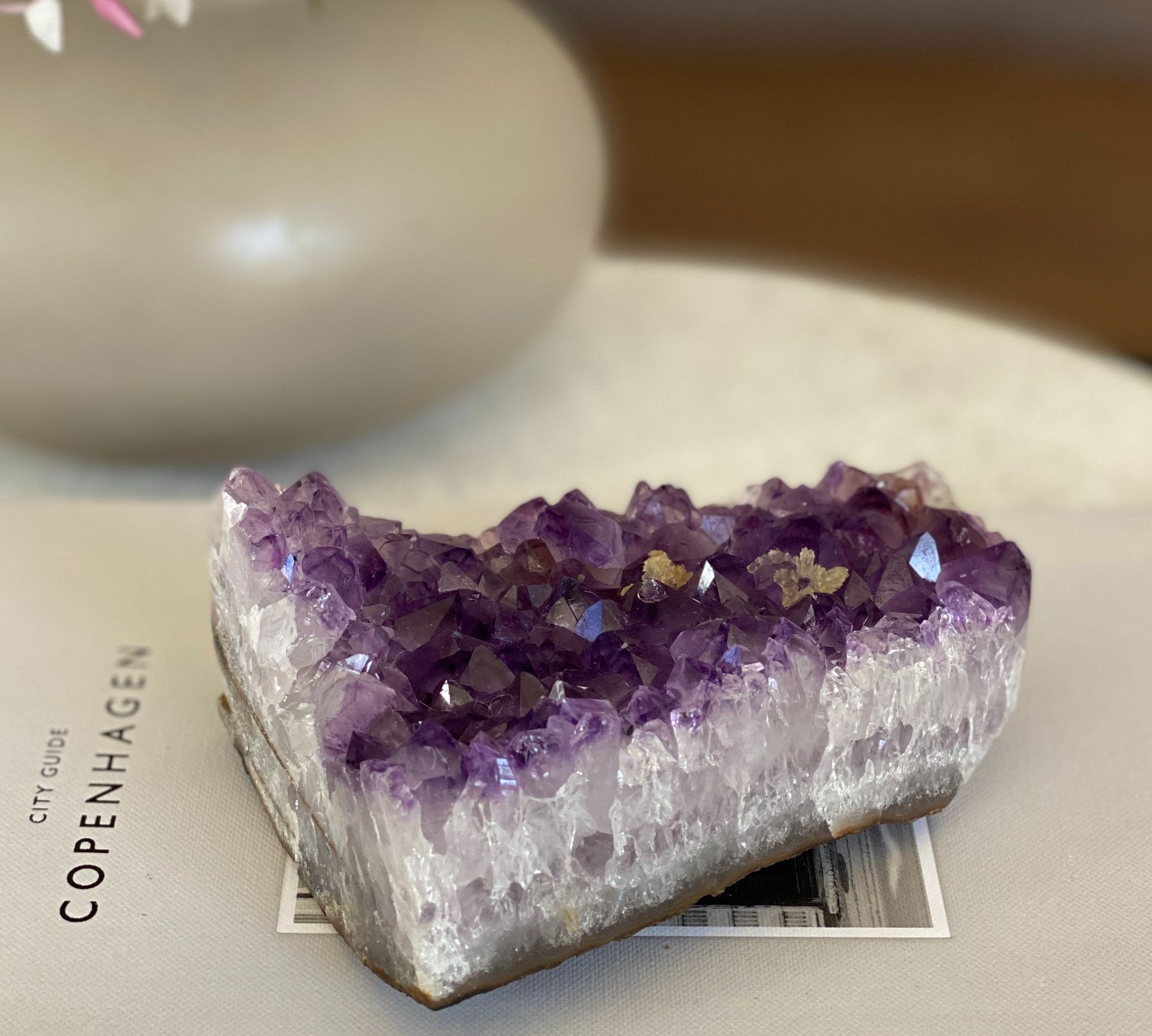 Deep purple flat Uruguayan amethyst crystal cluster, 4-inch tall, 1.2 lb.