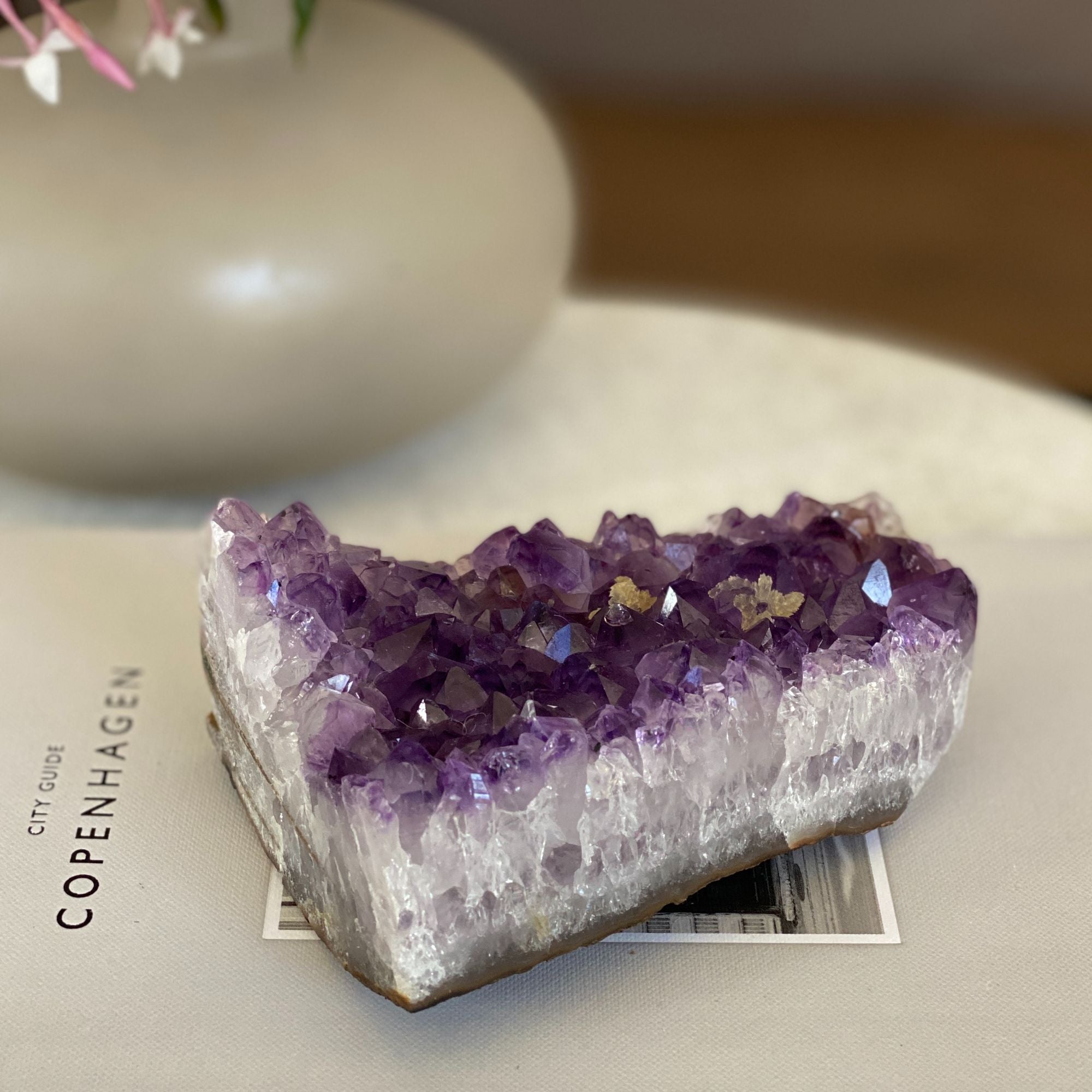 Deep purple flat Uruguayan amethyst crystal cluster, 4-inch tall, 1.2 lb.