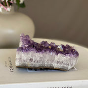 Deep purple flat amethyst crystal cluster, 4-inch tall Uruguayan geode with large, vibrant crystals.