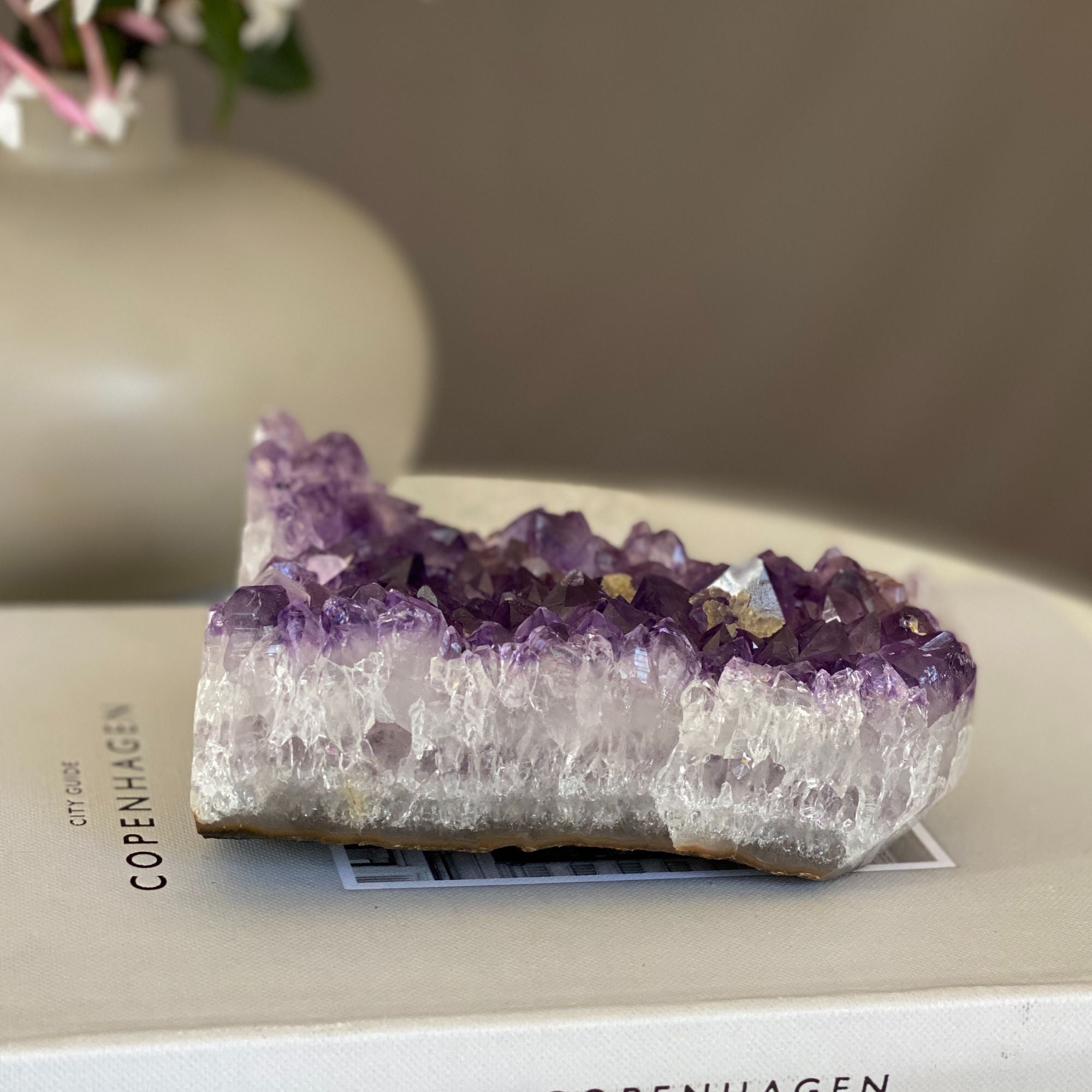 Deep purple flat amethyst crystal cluster, 4-inch tall Uruguayan geode with large, vibrant crystals.