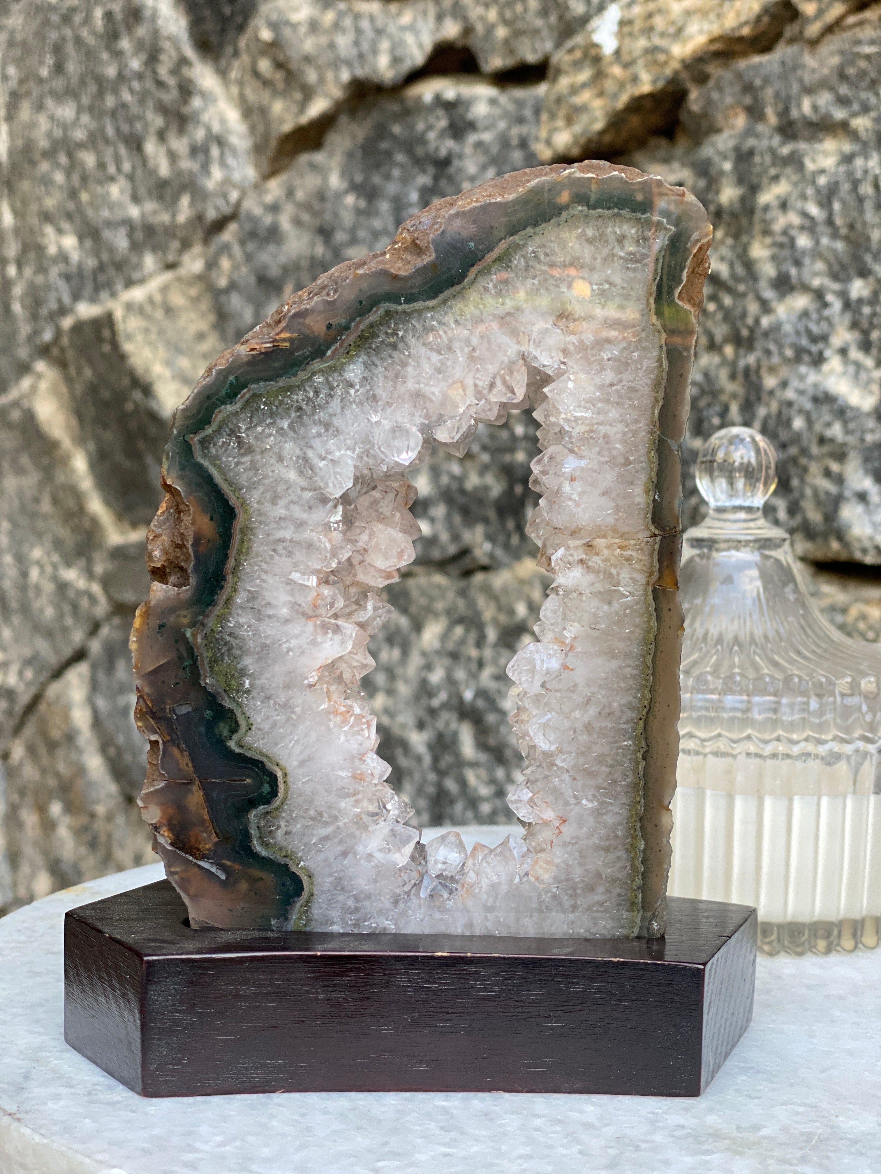 Large (5.5 in.) Clear Crystal Slice with wooden base included, Natural Crystal for Home Decor