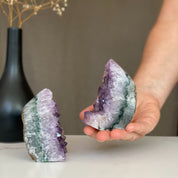 Pair of amethyst geode halves with sparkling purple crystals and green-gray agate bands, one held.