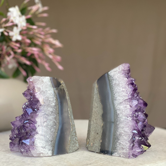 Amethyst and Agate Bookend Pair (2 Lb.) amethyst geode crystals, extra Large amethyst point from Uruguay
