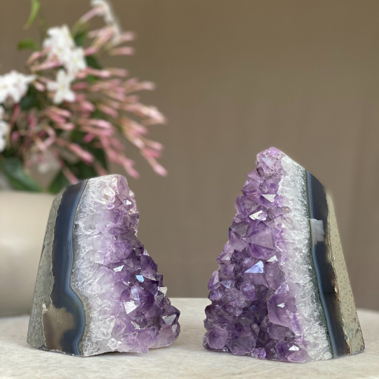 Amethyst and Agate Bookend Pair (2 Lb.) amethyst geode crystals, extra Large amethyst point from Uruguay